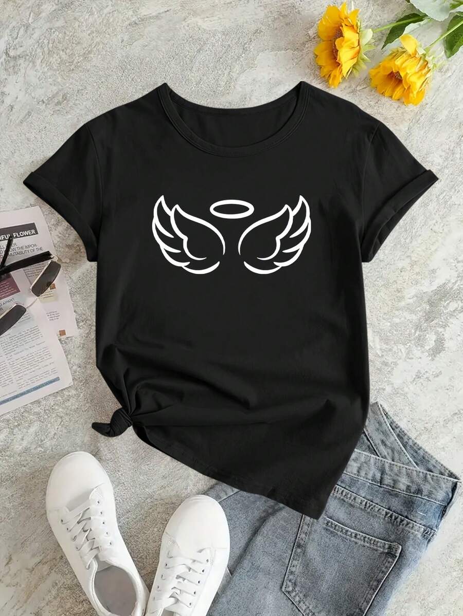 Camiseta casual holgada de verano con un divertido estampado de dibujos animados de alas de ángel - Negro - Ver 1