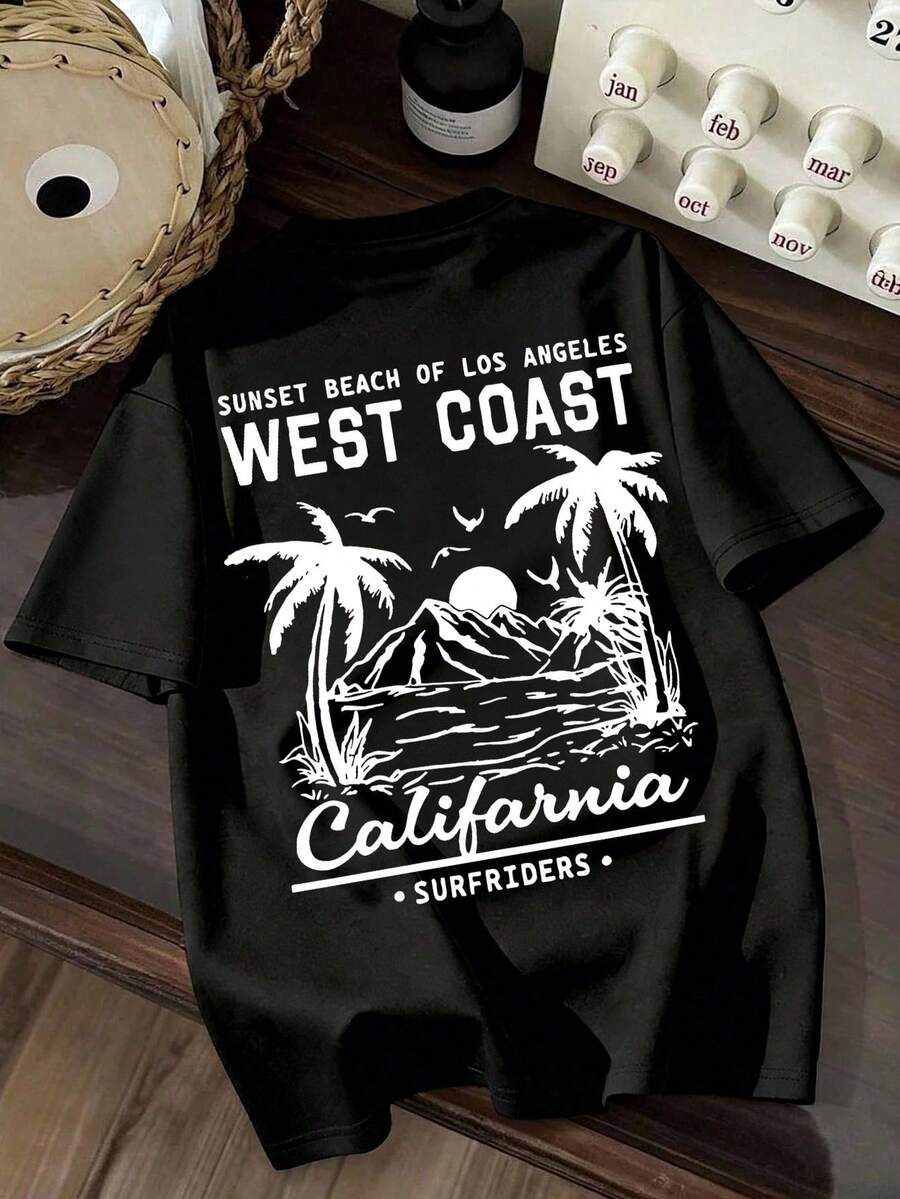 Simple Casual T-Shirt For Boys, Summer Beach Style With Mountain Sea And Tree Pattern, Round Neck, Short Sleeve, New Summer Short Sleeve Top For Young Children - 黑色 - 查看 1