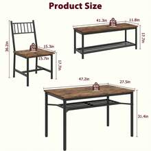 Space-Saving 4 Piece Dining Table Set With Chairs And Storage Bench – Rectangular Kitchen Table With Wine Rack – Modern Vintage Style – Sturdy Metal Frame – Ideal For Apartments And Small Spaces - A - View 2