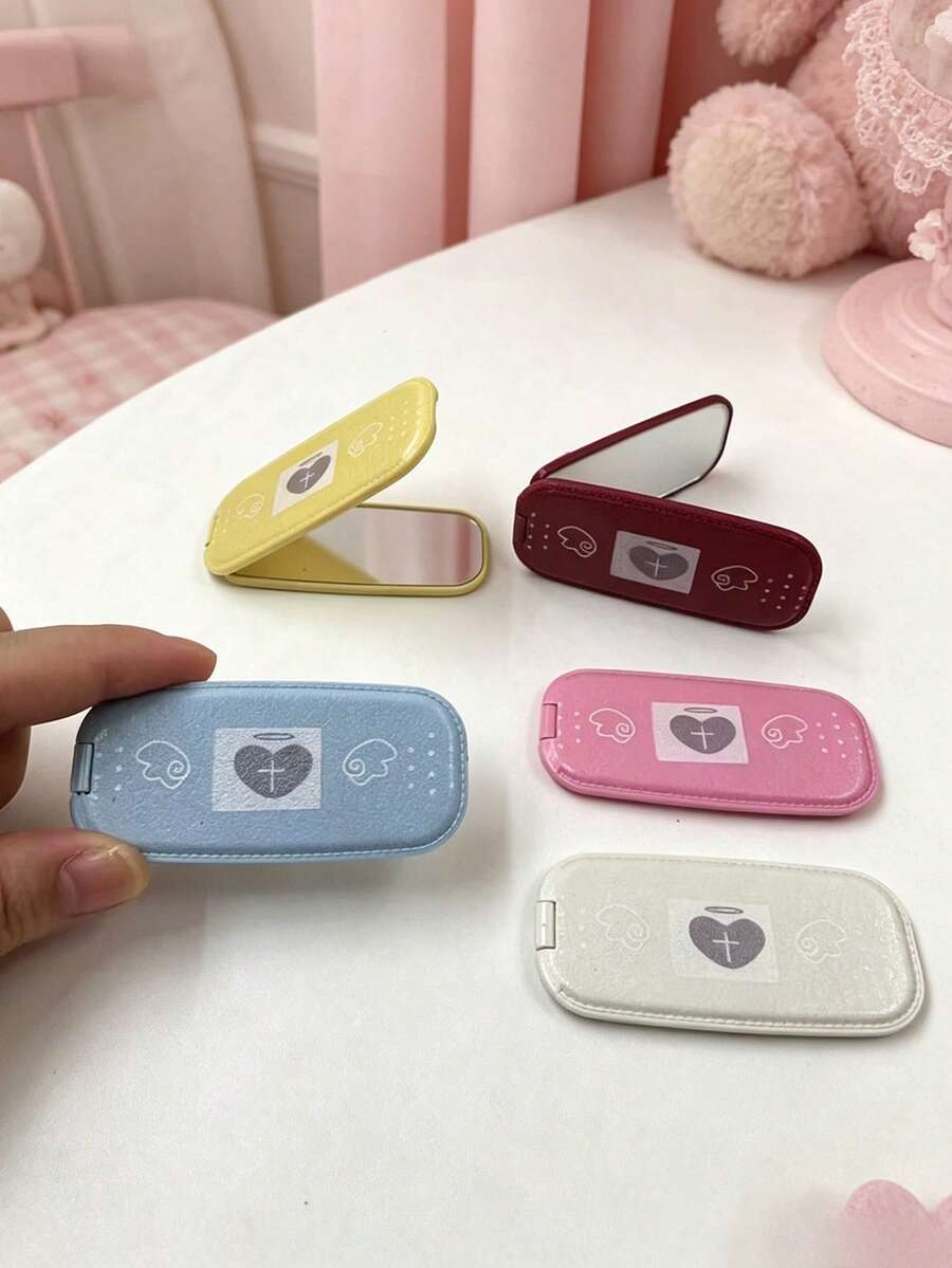 1pc Faux Leather Texture Mirror Phone Stand Makeup Mirror, Fashion Adhesive Foldable Mirror Back Sticker, Horizontal & Vertical Dual-Use Portable Desktop Stand - Multicolored Heart - View 1