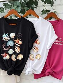Choose From 3 Styles Of High-Quality Cotton Casual Wear. These  Pieces Highlight Your Personality. 1 Piece, 2026, Plus Sizes. Each Garment Is A Unique Masterpiece, Showcasing Intricate Brushstrokes And Creative Designs That Let You Wear Your Personality On Your Sleeve. Available In Extended Sizes For A Perfect Fit. Women's Graphic Print T-Shirts With Sun, Two Moons, And Stars, Vacation Wear, Summer Shirts, White Shirt, Graphic Tees, Summer Tops, Black Top, Going-Out Tops - 黑色 - 查看 11
