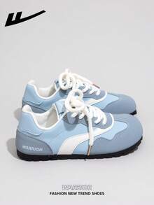 WARRIOR Damen Freizeitsneaker mit dicker Sohle, Schnürung und weichem Fußbett, Low-Top flache Outdoor-Schuhe, Sommer-Pendler-Schuhe, runde Zehenpartie, niedriger Absatz, rutschfest, einfarbig, elegant, weiche Sohle, für Ausflüge und Wandern, geeignet für Studentinnen und Abschlussfotos, Damen Low-Top Mikrofaser Sport-Skateboard-Schuhe - hellblau/blau - Übersicht 3