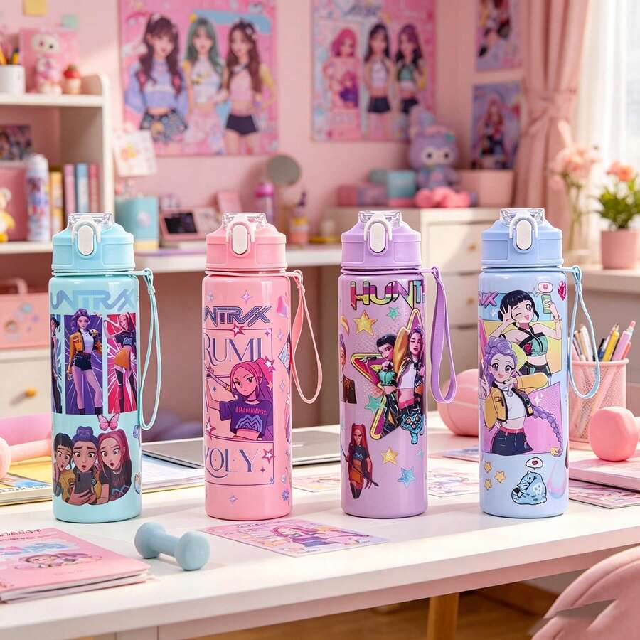 1個 700ml Demon Huntrs K-Pop 便攜式運動飲料杯,防漏翻蓋吸管水瓶附掛繩,大容量補水容器,適合健身、露營、返校禮物、生日派對 K-Pop 青少年粉絲禮物 - 彩色 - 查看 1