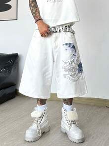 Justice Brother 1pc Hong Kong Style Brand Personalized Koi Fish Embroidery Niche Design Men's White Denim Mid-Length Shorts Fashion Versatile Wide Leg Casual Comfortable Bermuda Shorts (Belt/Accessories Not Included) - White - View 2