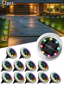 4/8/12 piezas Luces solares empotradas, lámparas solares de exterior de acero inoxidable IP65 a prueba de agua, mini luces de camino de paisaje con encendido/apagado automático, luces decorativas de piso y escalera para jardín, patio, villa, terraza, decoración de Navidad y Halloween - Multicolor - Ver 13