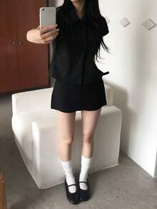 4顆鈕扣復古彼得潘領休閒短袖襯衫女上衣 黑色 夏季 - 黑色 - 查看 11