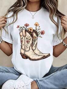 2026Impala Camiseta de cuello redondo de talla grande para mujer con diseño floral de botas de vaquero, manga corta, atuendo casual de verano para uso diario y estilo occidental.XIAM - Blanco - Ver 1