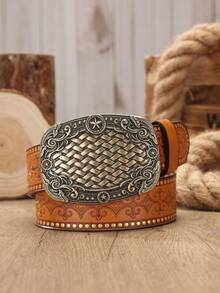 1pc Men's Western Style Large Buckle PU Leather Embossed Belt, Suitable For Jeans (Includes Hole Punching Nails) - BH1134 - View 3