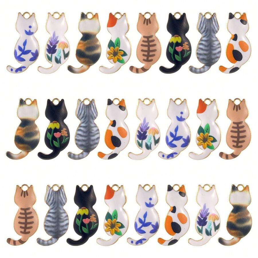 30pcs Light Gold Cat Pendants, Mixed Colors, 30x15x2mm, Hole: 2mm, 30 Pieces/Box, Statue Decorations, Christmas, Thanksgiving, New Year Gifts, Jewelry Making | Whimsical Statue - 30 - View 1