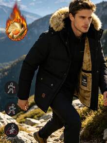 Men's Casual Sports Hiking Mid-Length Thermal-Lined Thickened Jacket With Multiple Pockets And Buttons, Versatile Solid Color Black - Black - View 2