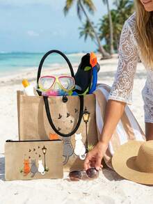 Large Capacity Women's Fashion Handbag, Cat Back Print Tote Bag, Supermarket Shopping Travel Storage Bag, Simple And Fashionable, Linen Handbag, Back To School Storage, Outdoor Travel Storage, Suitable For Girls, College Students, White-Collar Workers, Suitable As Birthday Gift, Teacher's Day Gift, Graduation Gift, Back To School Gift, Holiday Souvenir, Wedding Accessory - Multicolor - View 2