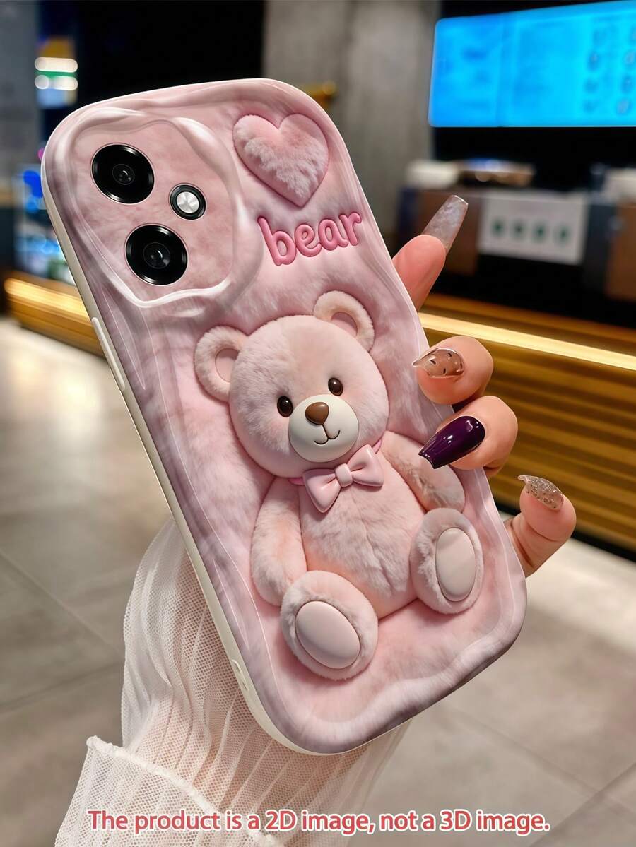 1個創意粉色毛絨愛心可愛熊波浪邊防護手機殼，適用於Apple 7/8/X/XR/XSMAX/11/12/13/14/15/16/17 Promax、A14/A15/A16/A17/A04/A05/A06/A07/A54/A55/A56/A57/A34/A35A/36/A37/S26/S26Plus/S26Ultra、Transsion SMART 7/8/9/10 - 白色 - 查看 1