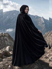 Hooded Fleece Long Cape, Lace-Up Cloak, Halloween Cosplay Party Costume, Multiple Colors Available - A - View 3