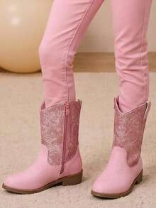 Bottes de cowboy western pour filles, bottes mi-mollet roses avec tissu pailleté et broderie, fermeture éclair latérale, talon bas antidérapant convenant aux tout-petits/petites filles/grandes filles - Rose bonbon - Voir 3