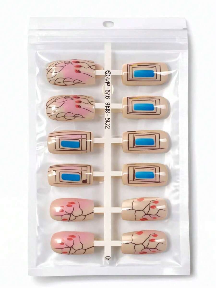 Unhas Postiças  Curtas Quadradas Abstrate Nude 24pcs Cartela