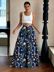 Quần ống rộng họa tiết Bohemian nữ, vải dệt dài, không co giãn, rủ mềm mại, có túi, phù hợp mặc mùa hè và mùa thu. - Màu xanh lam - Xem 4