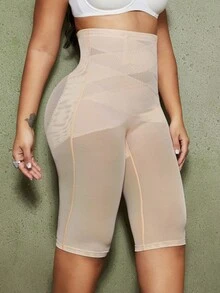 1pc Plus Size Women's Shaping Panties, Abdominal Compression, Waist Shaping, Butt Lifting, Double Layer Cross Design, Hollow Mesh Lingerie For Women, Halloween - Apricot - View 8