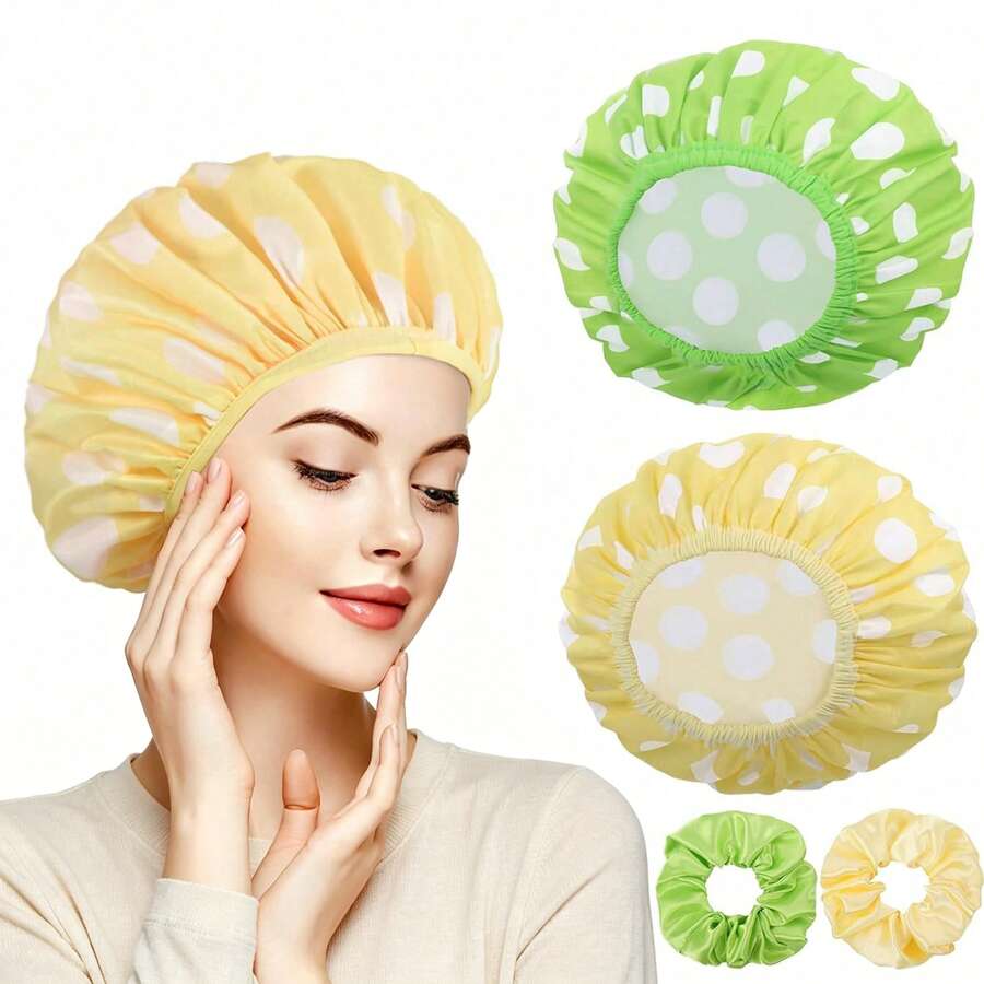 2 Packs Large Shower Caps For Women, Waterproof Shower Cap Double Layers Bath Caps With Hair Scrunchies For Long Thick Hair - Cyan, Yellow - View 1