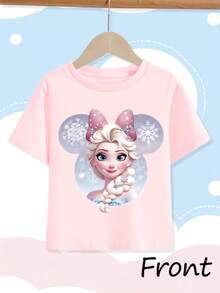 Disney Pure Cotton 100% Material Short Sleeved Shirt, Disney Princess Elsa Motif, Women's T-Shirt, For Girls And Frozen Fans, Ideal As A Gift For Children's Birthdays Or Christmas. - 粉色 - 查看 2