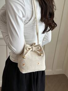 Solid Color Mini Straw Woven Foldable Drawstring Shoulder Bag (Flower Position And Color Randomly Vary) - Beige - View 6