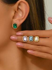 VceTd 1 Pair Fashionable Multi-Color Square Glass Design Stainless Steel Women's Stud Earrings Suitable For Daily Wear/Holiday Gift - Yellow Gold - View 3