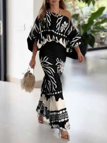 Women's 2pcs Tropical Print Lantern Sleeve Cold Shoulder Top + Elastic High Waist Mermaid Maxi Skirt Set, Vacation Resort Style Black Elegant - Black - View 7