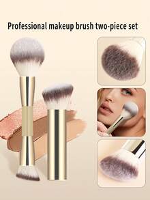 ronshadow Set 2 Kuas Makeup Multifungsi Dua Ujung, Kuas Bedak Ujung Bulat & Kuas Perona Pipi + Kuas Alas Bedak Ujung Datar, Kuas Makeup 2-in-1 untuk Alas & Pengatur Riasan - MultiWarna - View 2