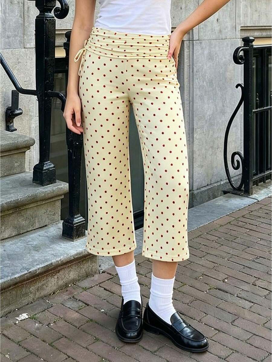 Womens Casual Capri Pants Solid/Dot Print Ruched Drawstring Waistband Wide Leg Trousers Lounge Pants - Yellow - View 1