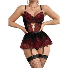 Lilosy Sexy Stocking Rhinestones Heart Garter Underwire Floral Mesh Lace Sheer Babydoll Lingerie Teddy Bodysuit Skirt Set - 花黑紅 - 查看 3