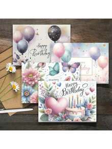 12pcs Watercolor Floral And Butterfly Birthday Greeting Cards With Envelopes - Featuring Soft Designs Of Balloons, Cakes, And Stars Suitable For Various Occasions, Perfect For Family, Friends, Women, And Men, Thank You Cards - Multicolor - View 4