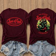 Casual Women's Short Sleeve Round Neck T-Shirt With Unique 'Son Of God' Graphic Print, Soft Cotton Fabric With Slight Stretch For Everyday Wear - 酒紅色 - 查看 1