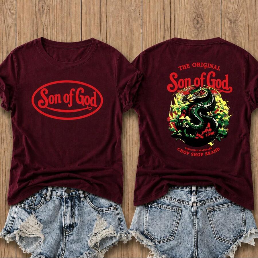 Casual Women's Short Sleeve Round Neck T-Shirt With Unique 'Son Of God' Graphic Print, Soft Cotton Fabric With Slight Stretch For Everyday Wear - 酒紅色 - 查看 1