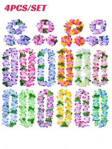 4 pièces Ensemble de colliers de fleurs hawaïens : colliers de fleurs artificielles vibrantes parfaits pour les fêtes à thème hawaïen, les fêtes de plage/piscine, les vacances tropicales et les fêtes d'anniversaire - comprend 1 collier + 1 serre-tête + 2 bracelets. - Multicolore - Voir 1
