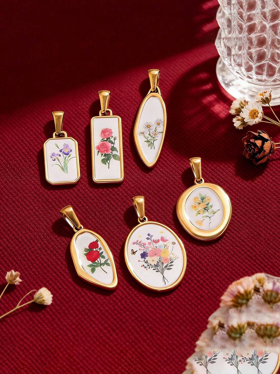1Pc 18K Gold Plated 304 Stainless Steel Vintage Floral Pendant, Geometric Flower Print Charm Anti-Tarnish DIY Bracelet Necklace Accessories - Flower Pendant - View 1