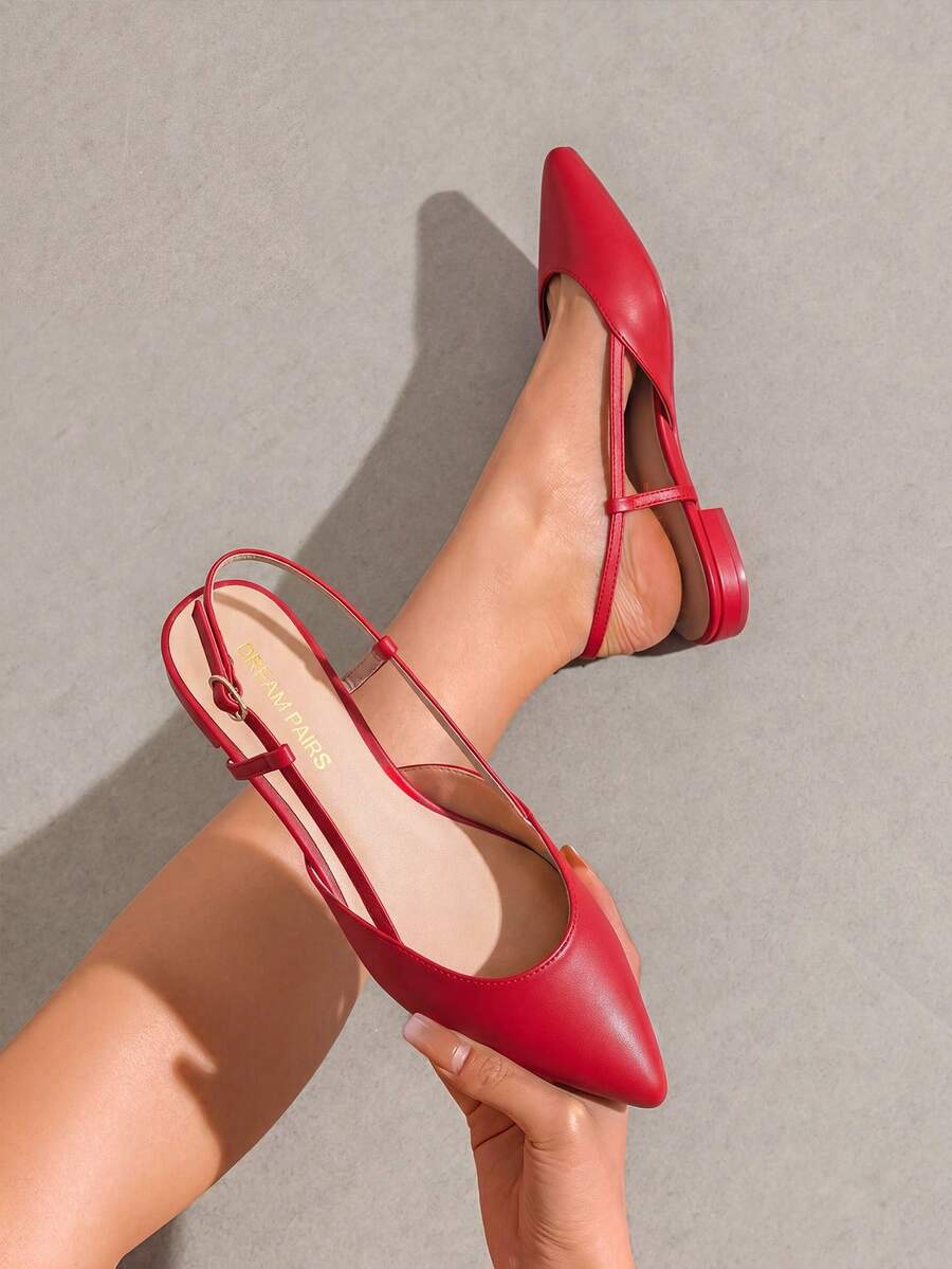 Women Flats Slingback Pointed Toe Elegant Lady Ballet Flats With Adjustable Buckle Strap Chic Fashion Low Heel Dress Casual Work Office Party Shoes - 紅色 - 查看 1