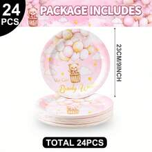 10/24/96pcs Teddy Bear & Balloon Theme Party Tableware Set, 7" & 9" Disposable Paper Plates, 9oz Cups & Napkins With Pink Bear Print, Complete Party Supplies For Adult Celebrations & Backyard Gatherings, Sturdy Tableware Set - Multicolor - View 11