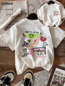 Einteiliges, übergroßes Damen-T-Shirt aus Baumwolle mit Graffiti-Print, sommerliche Streetwear-Edition, atmungsaktiv und lässig mit Rundhalsausschnitt. - Weiss - Übersicht 1