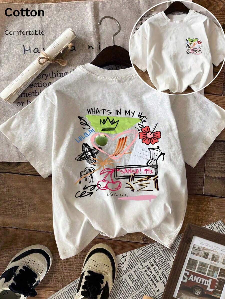 Einteiliges, übergroßes Damen-T-Shirt aus Baumwolle mit Graffiti-Print, sommerliche Streetwear-Edition, atmungsaktiv und lässig mit Rundhalsausschnitt. - Weiss - Übersicht 1