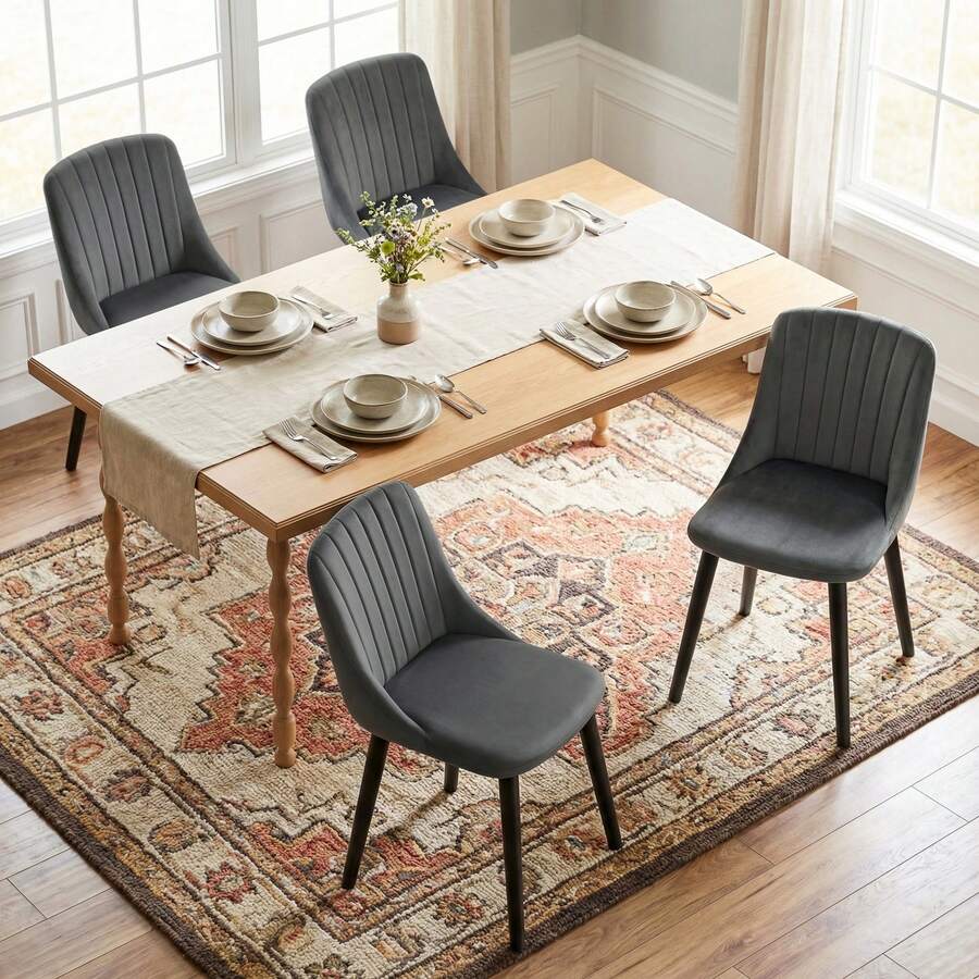 Goeurvant Modern Minimalist Vertical-Stripe Upholstered Dining Chairs With Ergonomic Back & Solid Wood Legs For Living Room, Kitchen, Bedroom - Set Of 2 / Set Of 4 / Set Of 6---Dark Grey (Velvet) - 深灰(黑腿) - 查看 1