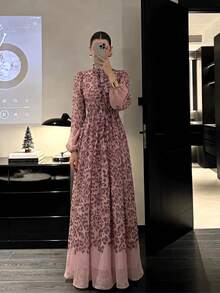 女士优雅现代全印花奢华时尚连衣裙，豹纹印花，优雅保守纽扣亮片拼接沙滩裙 - 藕粉色 - 查看 1