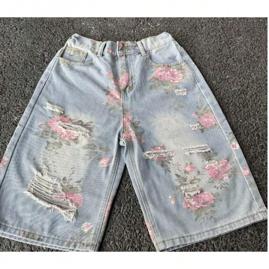 Floral Ripped Denim Shorts Men's Summer High-End Five Quarter Pants Rose Full Print Straight Leg Pants - Blue - View 1