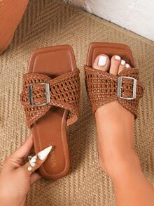 2026 New Vacation Style Bohemian Hollow Artificial Woven Breathable Buckle Mule Women's Sandals, Flat Casual Comfortable Elegant Clog Shoes, Lightweight, Breathable, Suitable For Daily Casual, Shopping, Beach, Office And Other Occasions - Brown - View 3