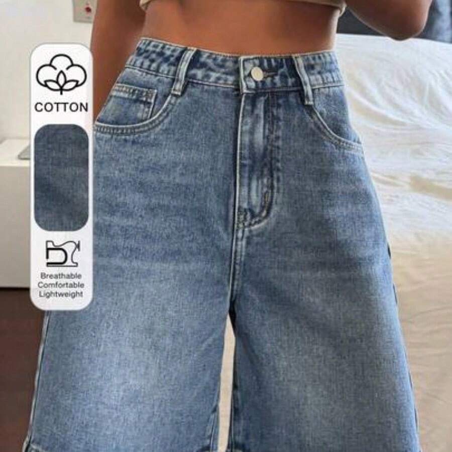 xuehuamaoyi02  Shorts vaqueros tipo bermuda de ajuste holgado con bolsillos para mujer, estilo Y2K para el verano - Azul - Ver 1