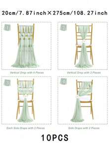 10pcs Elegant Light Green Chiffon Chair Back Sash Set, Corridor Wedding Chair Back Decor, Church Chiffon Banquet Ceremony Reception Chair Set, Photography Props, Birthday Party Home Decor - Green - View 3
