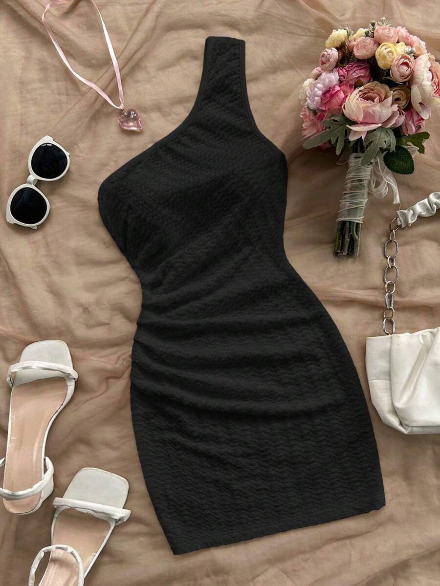 Vestido de Body ceñido de un solo hombro casual, simple y de moda para uso diario - Negro - Ver 1