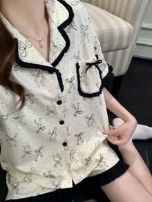 2件組女款睡衣套裝，蝴蝶印花短袖短褲，休閒舒適時尚，適合春/夏居家穿著 - 香檳色 - 查看 7