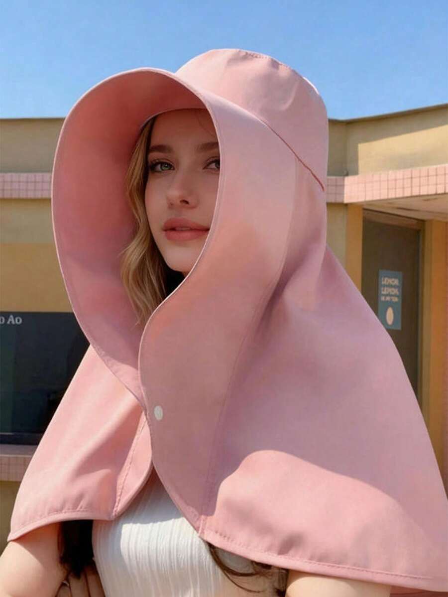 1pc Women's Multi-Color Wide Brim Hat With Round Buckle, Fashion Casual Shawl Sun Hat, Suitable For Street And Beach, UV Protection - A - View 1