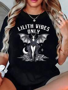Short Sleeves Black Fitted Gothic Occult T-Shirt With Lilith Graphic (Female Demon And Wings), Dark Aesthetic Crescent Moon T-Shirt, Streetwear Leisure Style Blouse - 黑色 - 查看 1