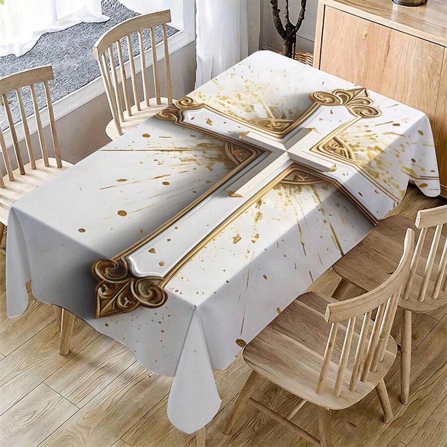1pc European Style Gold & White Cross Pattern Tablecloth, Vintage Carved Design, Waterproof & Stain-Resistant Polyester Material, Washable & Reusable, Suitable For Church, Religious Party And Home Decor - Multicolor - View 1