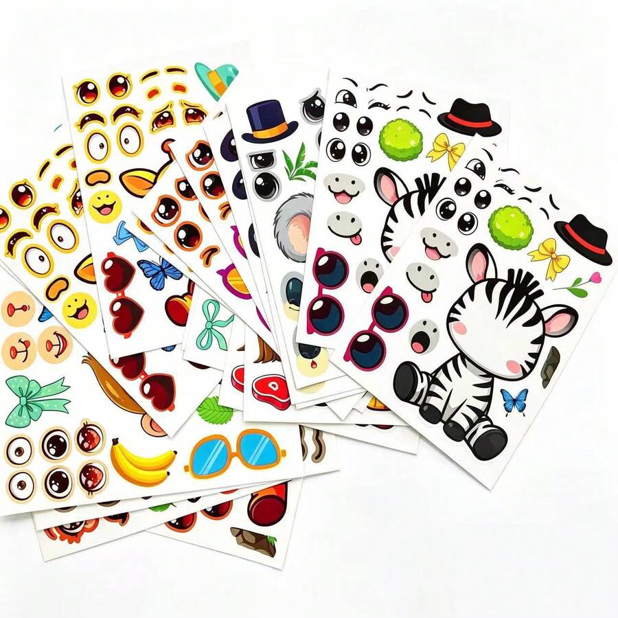 12/24 PCS Animal Theme Creative Sticker Set, Animal Expression Collage Toy, Interactive Educational Craft Material, Farm Animal Face-Changing Stickers, DIY Handmade Sticker Art, Educational Creative Expression Sticker Pack School Supplies - CY-j03 - View 1